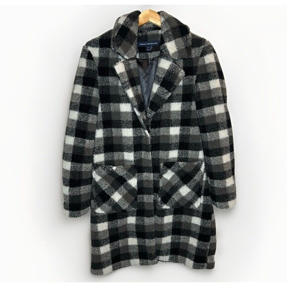 French Connection Women’s Small Sherpa Buffalo Plaid Jacket Coat Black‎ White - Picture 1 of 10